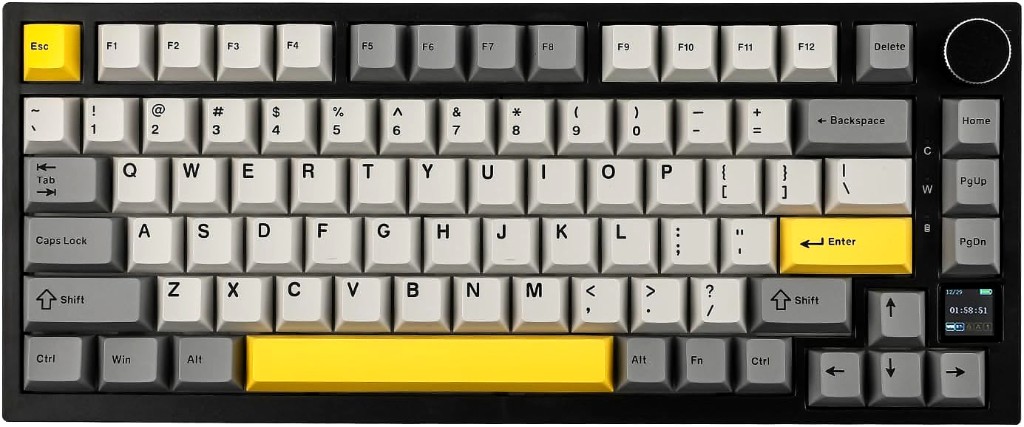 Top-down view of a 75% mechanical keyboard with grey, charcoal, and yellow keycaps on a black background